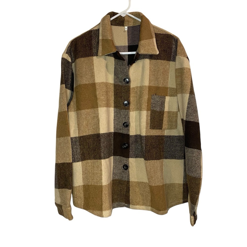 Womens Shacket Coat Jackets Medium Plaid Button Down Tan Brown